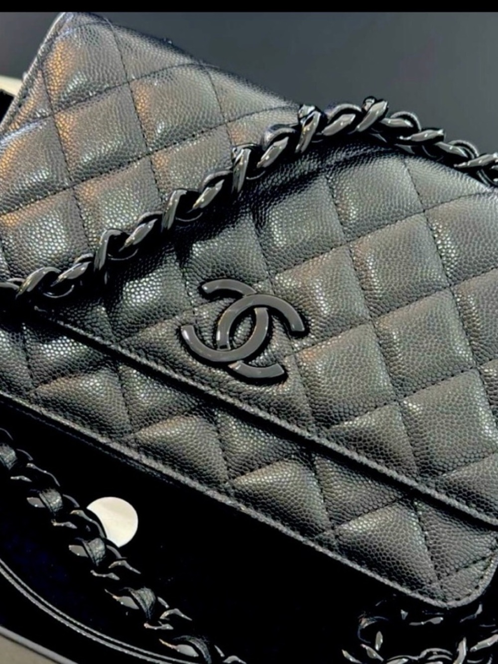 CHANEL Black Quilted Caviar Leather CC 21C Black on Black My Everything WOC